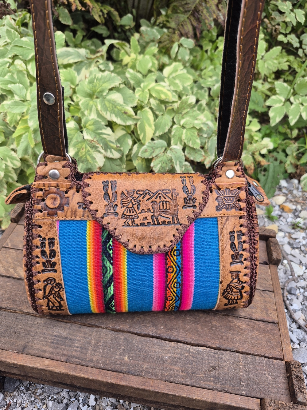 NEW Hand Tooled Leather Boho Llamas Brown & Multicolor Crossbody Bag Purse
